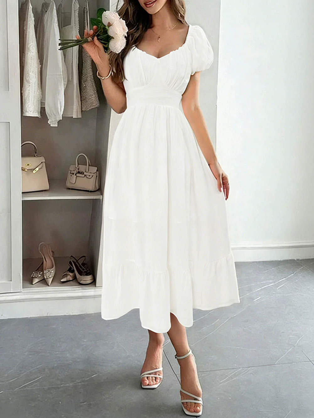 ZARA French Vintage Puff Sleeve Waist Cinching Slim Midi Dress Flared Hem